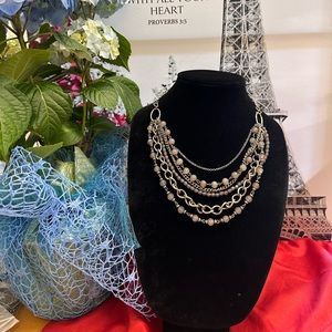 silver tone necklace with pearls and chains